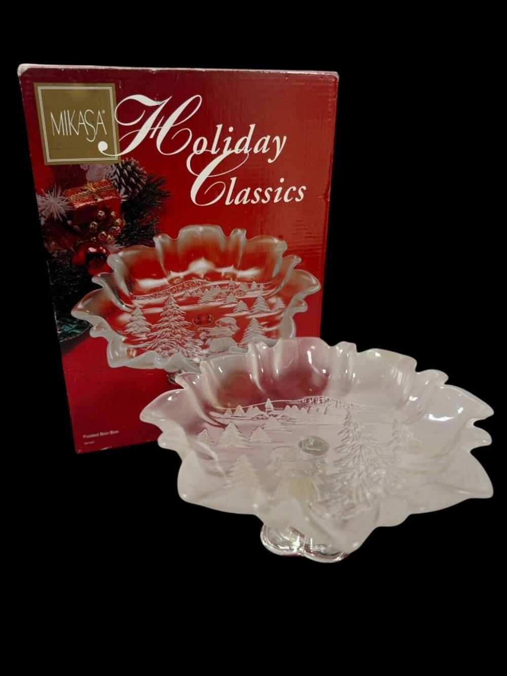 Mikasa Holiday Classics Footed Bon Bon Bowl Box Germany Crystal Christmas Story